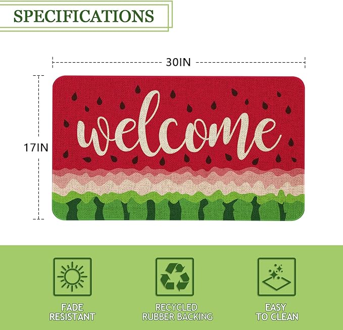 Summer Watermelon Welcome Doormat 30x17 Inch Watermelon Front Door Mat Indoor Outdoor Entrance Floor Mats Non-Slip Washable Seasonal Summer Home Decor Rugs