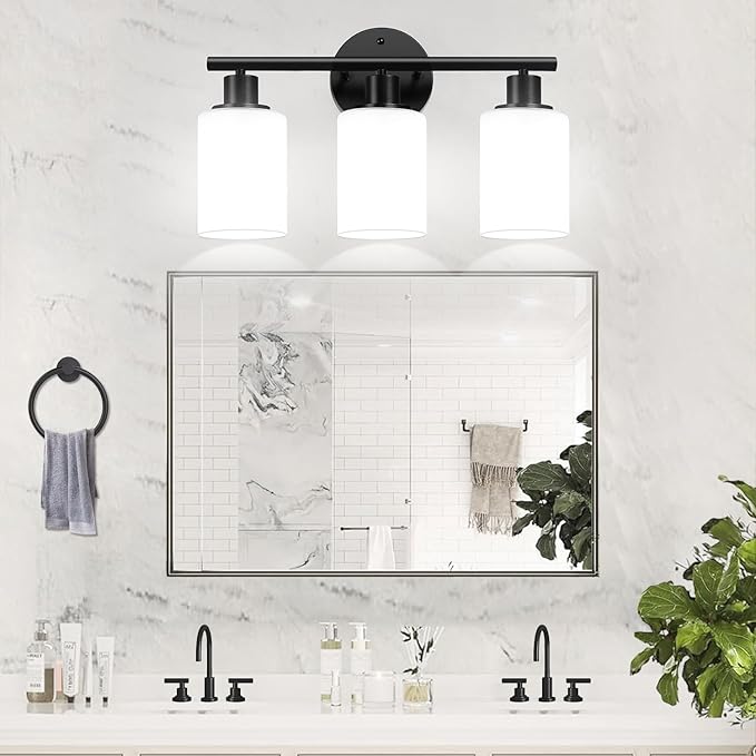 3-Light Bathroom Light Fixtures, Black Modern Vanity Lights with Milky White Frosted Glass Shades, Bathroom Wall Lamp for Mirror Kitchen Living Room Hallway Cabinet Porch