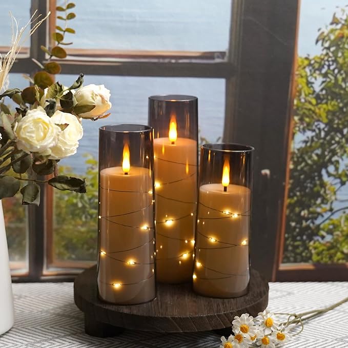 Flameless LED Candles with Timer 9 Pc Flickering Flameless Candles for Romantic Ambiance and Home Decoration Stable Acrylic Shell,with Embedded Star String，Battery Operated Candles（Grey）