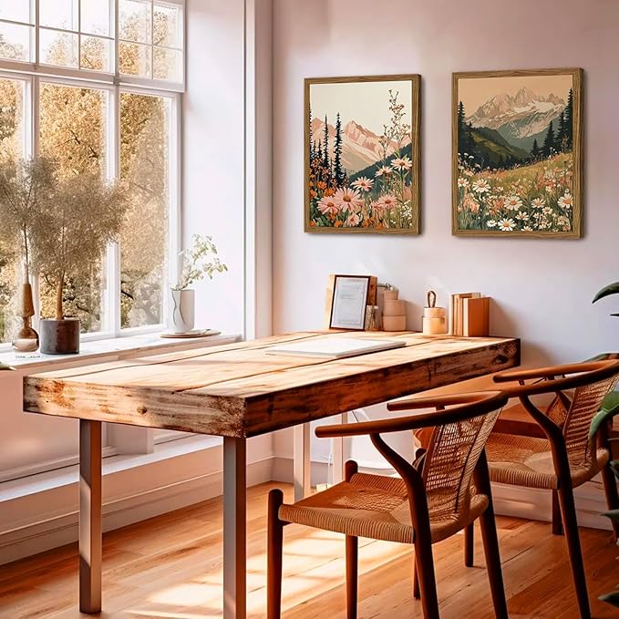 Framed Boho Colorful Wildflower Landscape Wall Art Set of 3, Vintage Floral Mountain Wall Decor Paintings, Nature Flower Pictures Canvas Prints for Living Room Bedroom Office 12x16 inch