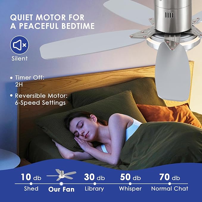 Low Profile Ceiling Fan with Lights and Remote/APP, 50 Inch Modern Flush Mount Ceiling Fan with 3CCT 6-Speeds Quiet DC Motor,Dimmable 3-Color Temperatures for Living Room Bedroom(Nickel)