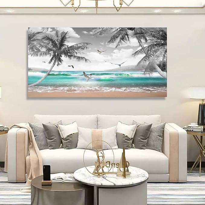 Beach Palm Pictures Canvas Wall Art For Living Room Bedroom Wall Decor,Sea Wave Wall Art Print Paitnings For Home Decor,Morden Artwork Coconut Tree Canvas Art Ready To Hang-28x57 Inches