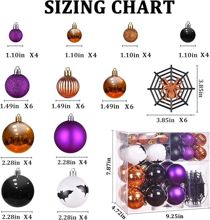 Pack of 56 Halloween Hanging Ball Ornaments, Shatterproof Balls Spider Bat Ornaments for Indoor Halloween Tree Decorations, Home Decorations (Multi)