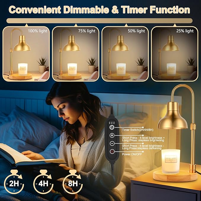 Candle Warmer Lamp with Timer & Dimmer, Adjustable Height Electric Candle Warmer with 3 Bulbs,Compatible with All Size Scented Candles, Wax Melt Warmer for Bedroom,Home Decor House Warming Gifts