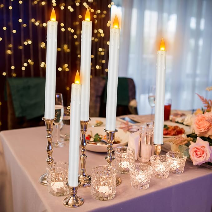 10" Flameless Taper Candles with Remote, 6 Pcs White Electric Led candlesticks, PlasticTall Taper Candles Battery Operated with Flickering Flame for Halloween Christmas Wedding Home Décor