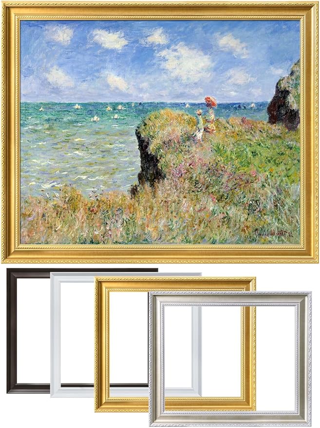 DECORARTS - Claude Monet The Cliff Walk at Pourville, Large Framed Wall Art, Canvas Size 35x28, Outer Dimensions Larger With Customizable Solid Wood Frames, Giclee Canvas Print, Made in USA