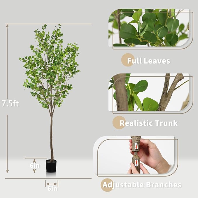 Faux Ficus Tree 7.5ft(90in) Artificial Floor Plant for Indoor Decor Realistic Potted Tree with Texture Silk Leaves and Natural Wood Trunk for Home Living Room,Office Perfect Housewarming Gift
