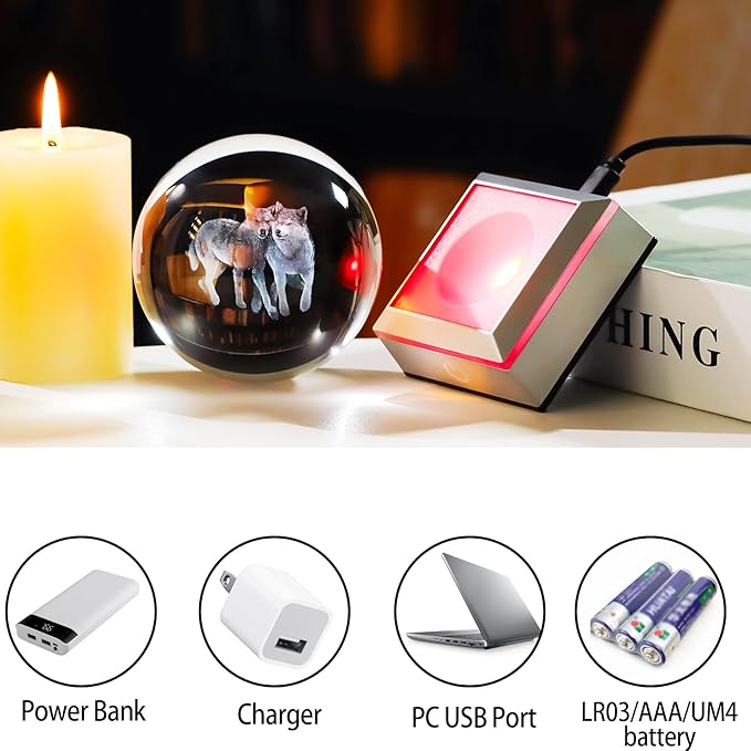 Ornalrist Wolf Gifts for Women, Men - 3D Crystal Ball Engrevd Couple Wolfs 3.15'' with LED Light Base - Wolf Lover Night Light Figurinefor Home Decor