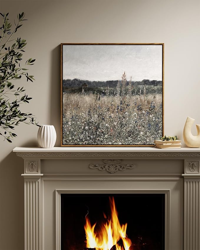 InSimSea Square Framed Canvas Wall Art, Scenery Field Home Decor, Vintage Meadow Flowers Wall Art Prints, Retro Nature Floral Wall Decor for Living Room Bedroom Home Bathroom 24"x24"