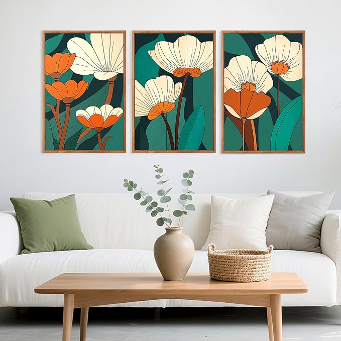CHDITB Modern Floral Framed Canvas Wall Art Set, Nature Flowers Wall Decor, Abstract Orange Flower Artwork, Wildflowers Picture, Vintage Green Art Prints for Living Room, Bedroom, Office 16"x24"x3