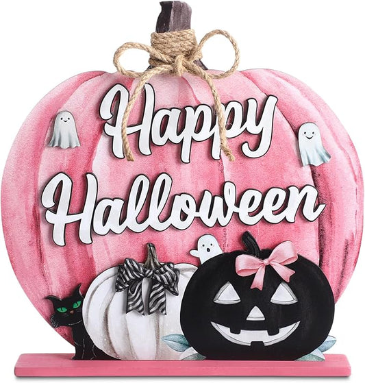 Soaoo Halloween Decoration Wooden Pink Pumpkin Sign Scary Pumpkin Table Decor 11 Inch Wooden Happy Halloween Desktop Ornament for Farmhouse Home Living Room Holiday Decor(Wash Pink, Scary)