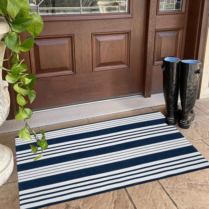 OJIA Entryway Rug 24''x51'', Machine Washable Fall Front Door Mat Cotton Woven Blue and White Outdoor Rugs Porch Rug Striped Kitchen Runner Indoor Door Mat for Farmhouse/Entry/Home Entrance