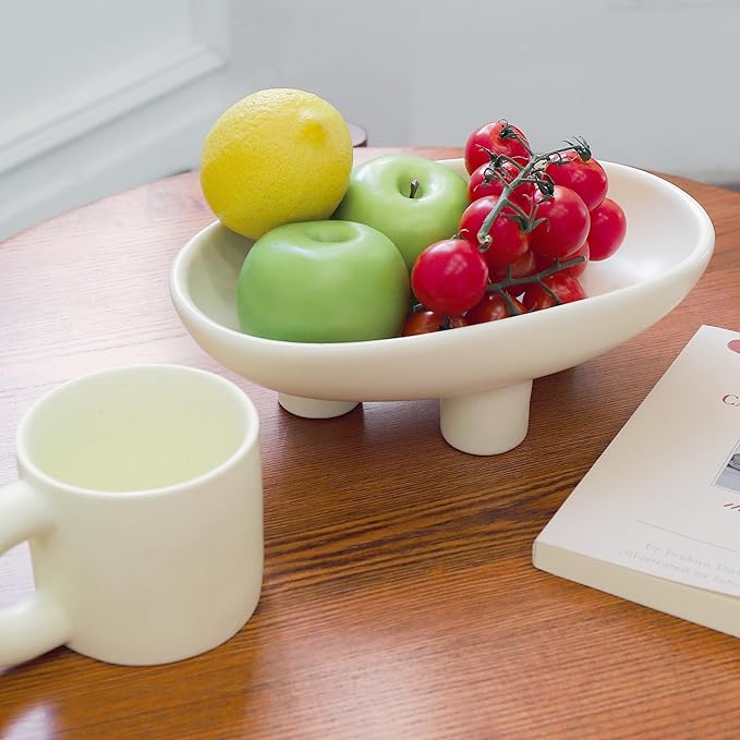 Fruit Bowl Three-Legs Ceramic Fruit Bowl for Kitchen Counter, 12 Inch Fruit Basket Decorative Candy Bowl for Table Décor, Oval Large Bowls Key Bowl Home Table Décor (Crème 12 Inch)