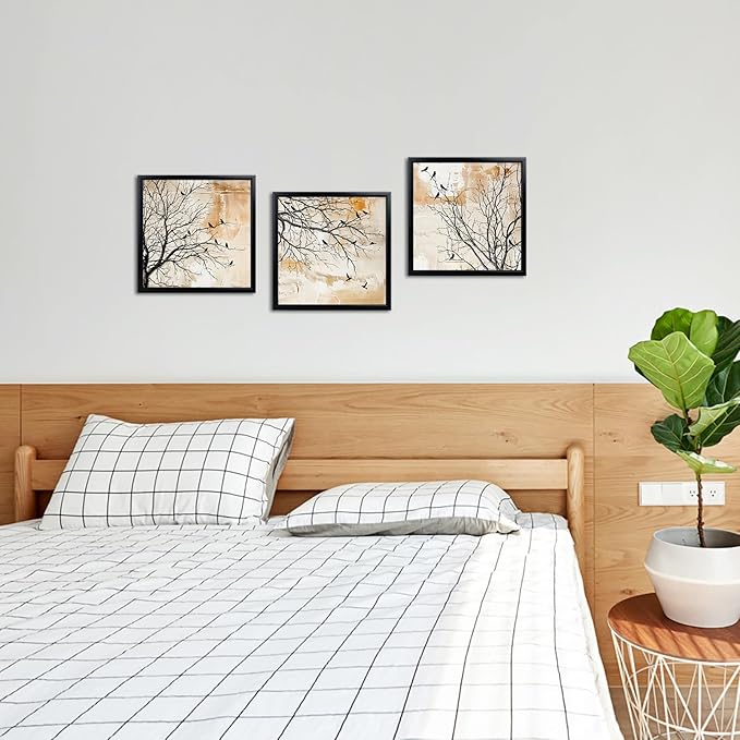 LoveHouse Bird on Tree Branch Canvas Wall Art, Black Framed Canvas Prints, Bird Pictures Wall Decor Modern Nature Decor for Home Office Hallway 12x12 Inchx3 Pcs