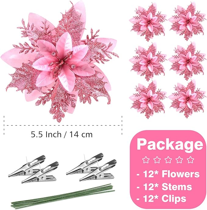 Christmas Poinsettia Artificial Flowers Decorations 5.5" Christmas Tree Wreaths Garland Decoration 12 Pcs Glitter Flowers Picks Decor for Xmas New Year Wedding Party Ornaments (Pink)