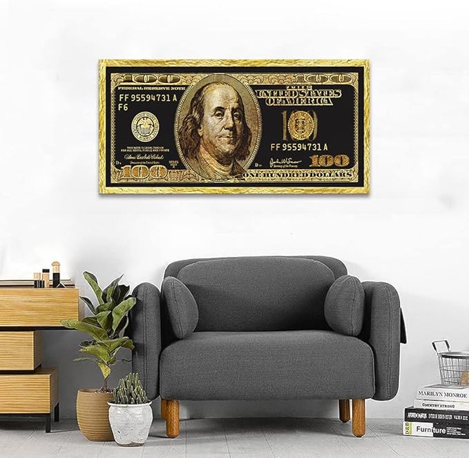 Golden Dollar Wall Painting Giclee Canvas Artwork 100 Dollar Money Poster and Print Creative 100 Bill Art Print Modern Home Decor Painting HD Print for Living Room Bedroom Frame Easy to Hang-32"Wx16"H