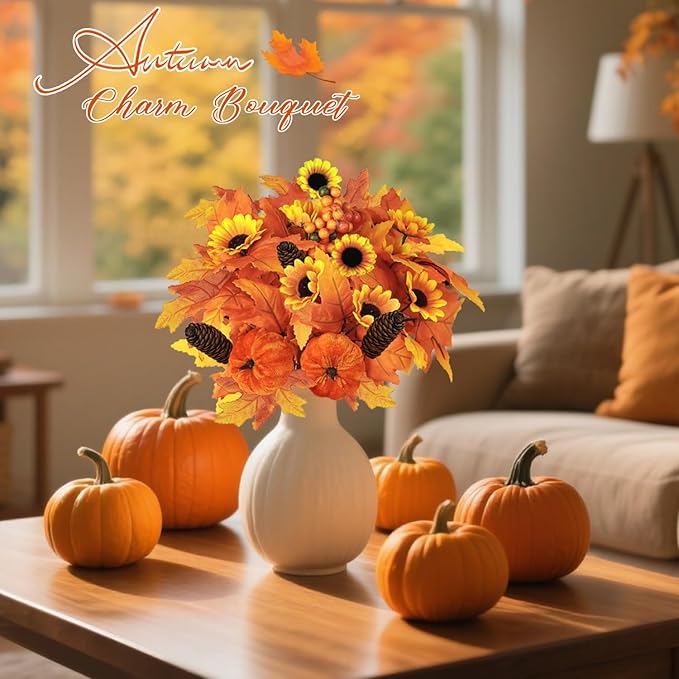 Artmag 2PCS Fall Artificial Flowers Decoration Maple Leaf Stem Pumpkin Branch Sunflower and Berries for Fall Thanksgiving Home Kitchen Festival Decoration (Brown)