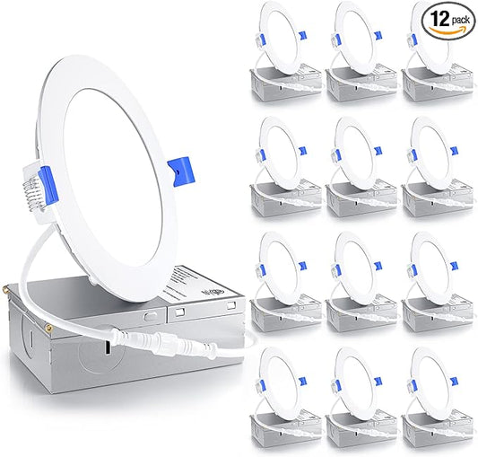Ensenior 12 Pack 4 Inch LED Recessed Light, Dimmable, 4000K Cool White, 750LM High Brightness, 9W 120V, Damp Rated, Ultra-Thin Canless Wafer Ceiling Light - ETL & FCC & IC