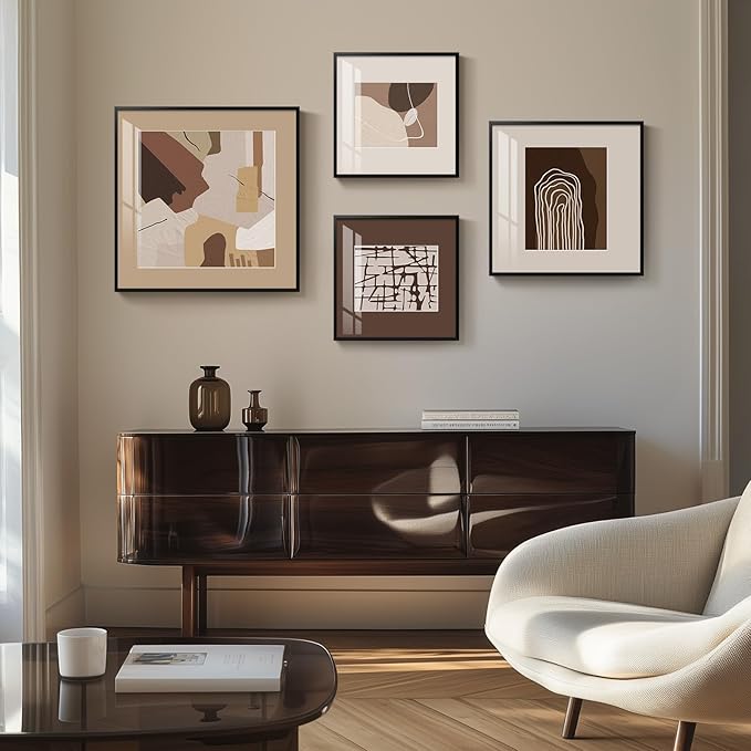 Framed Neutral Abstract Wall Art for Living Room, 4 Piece Earth Tone Modern Art Prints Paintings Artwork for Walls, Minimalist Brown Abstract Pictures for Hallway Dining Room Bedroom Office Wall Decor