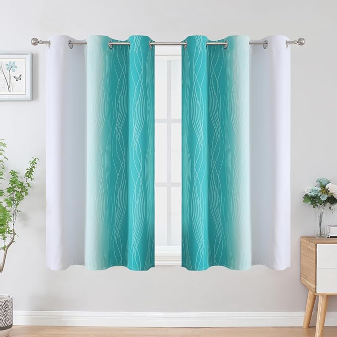 Estelar Textiler Teal and Greyish White Blackout Curtains 45 Inch Length, Light Blocking Gradient Drapes for Kitchen, Thermal Insulated Grommet Ombre Curtains for Bathroom,42Wx45L,2 Panels