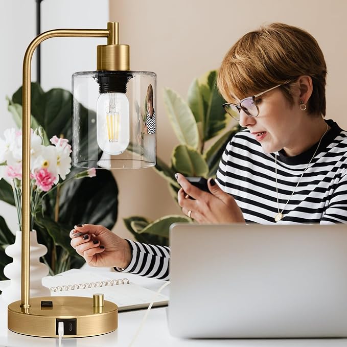 Set of 2 Industrial Table Lamps with USB C+A Ports and Outlet, Brass Fully Stepless Dimmable Bedside Lamps, Nightstand Lamps with Clear Glass Shade for Living Room Office (2 LED Bulb)