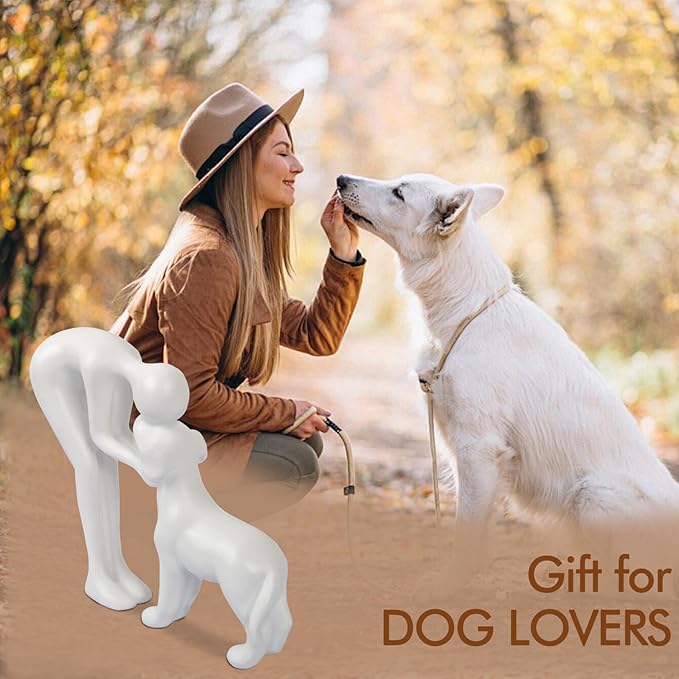 Dog Sculpture Home Decor Cute Man and Dog Statue Decoration for Office、Living Room、Bedroom、Home， Memory Gifts for Pet Lovers (White)
