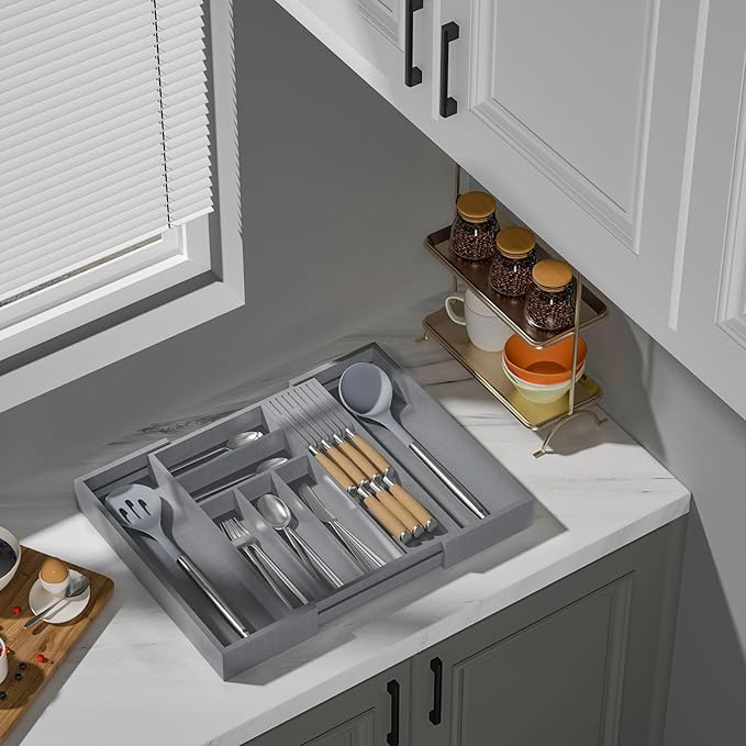 Bamboo-Silverware-Drawer-Organizer-Kitchen, Expandable Utensil Holder Cutlery Tray Flatware Organization Adjustable Wood Tableware Dividers Storage (with Removable Knife Block)(Grey)
