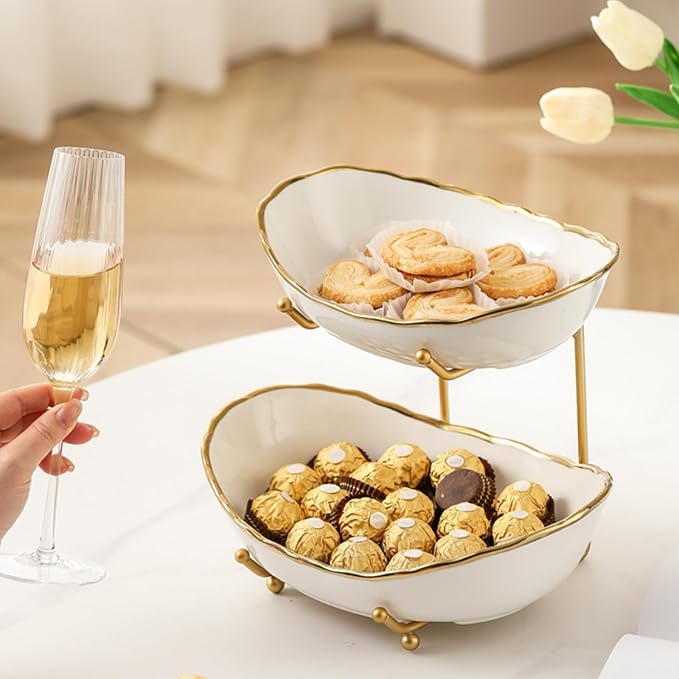 2 Tier Ceramic Fruit Bowl for Kitchen Counter, Tiered Fruit Basket for Countertop, Modern Multi Layer Fruit Display Stand for Party, Cute & Smal (Gold-rimmed)