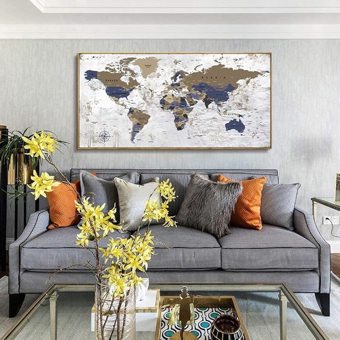 Framed Wall Art World Map Wall Art Canvas Picture20inx40in Large Grey Map of The World Canvas Painting Artwork Prints for Office Wall Decor Home Living Room Decorations Framed Ready to Hang
