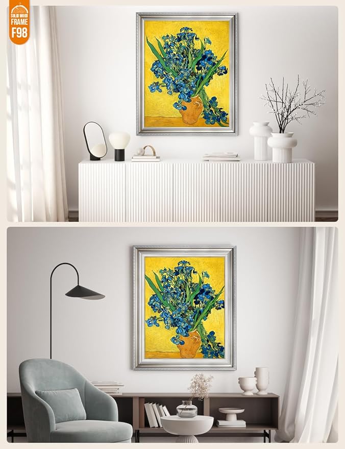 DECORARTS - Irises Vase Flower, Vincent Van Gogh Art Reproduction. Acid Free Cotton Canvas Giclee Print w/Bronze Frame&Mat for Wall Decor.