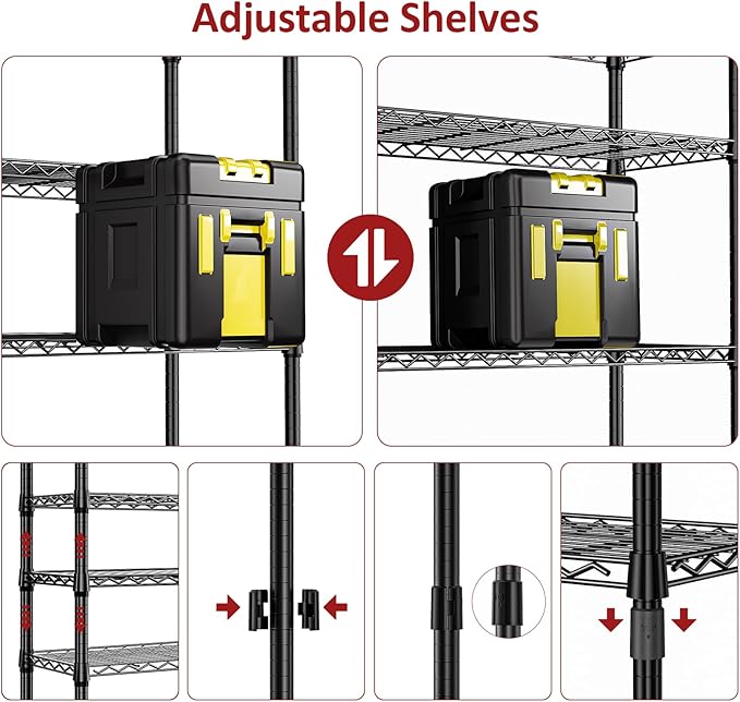 IZEUK 4-Tier Black Metal Storage Shelves, Heavy Duty Adjustable Wire Shelving Rack for Garage, Kitchen, Bathroom, Closet Organizer, 1000 lbs Capacity, 15.7" D x 33.5" W x 59.5" H