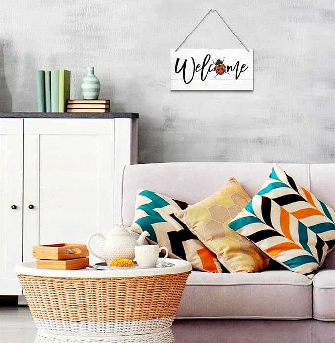 Welcome Decor Sign, Hanging Wood Sign Home Decorative, Printed Wood Wall Art Sign, Ladybug Welcome Sign, Door Sign, Front Door Wall Art Decor, Welcome Sign for Home Farmhouse Yard Garden 12 * 6inch