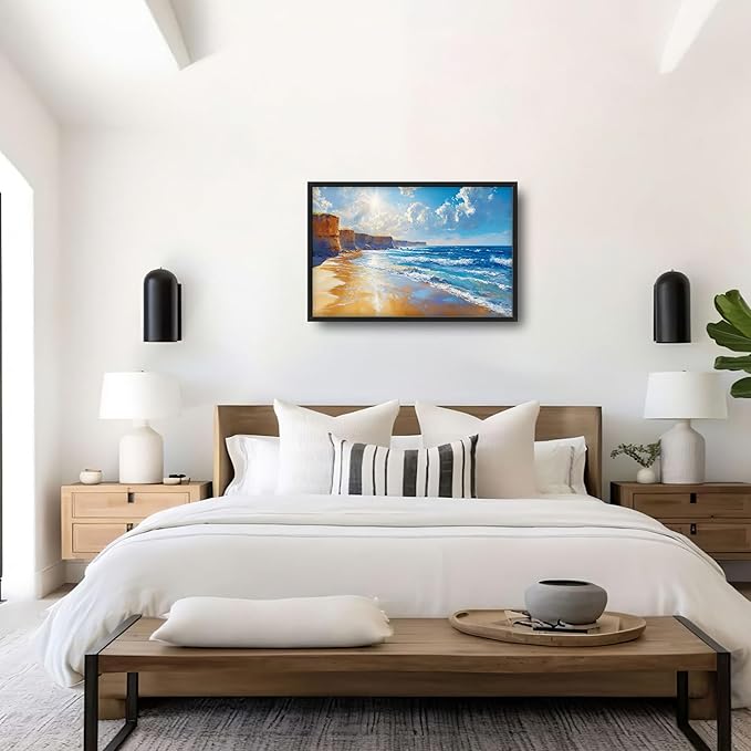 Coastal Beach Large Wall Art for Living Room, Ocean Sun Oversized Wall Decor Pictures, Seaside Framed Canvas Print Painting, Modern Artwork for Bedroom Office Home Decor 36"x24"