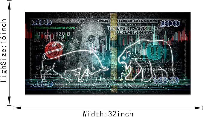 Yatsen Bridge Large Size Stock Market Bull VS Bear Artwork Paintings Motivational 100 Dollar Money Benjamin Franklin Canvas Wall Art Wooden Framed Ready to Hang - 32x16 inches