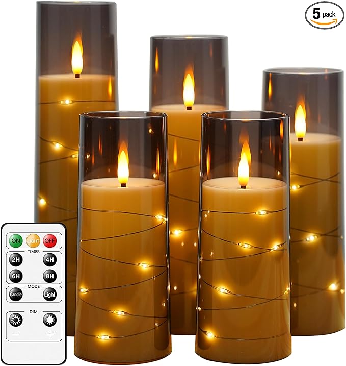 Flameless LED Candles with Timer 5 Pc Flickering Flameless Candles for Romantic Ambiance and Home Decoration Stable Acrylic Shell,with Embedded Star String，Battery Operated Candles（Grey）