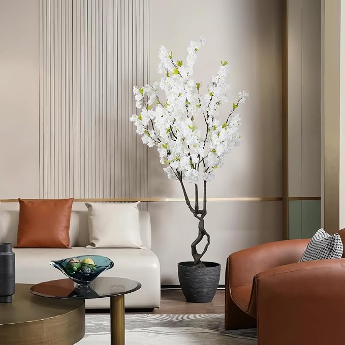 Faux White Cherry Blossom 6ft(72in) Tall Artificial Plant Indoor Decor Handmade Natural Fake Cherry Blossom Tree for Wedding Realistic Cherry Plant in Pot for Home Living Room,Office,Outdoor Decor.