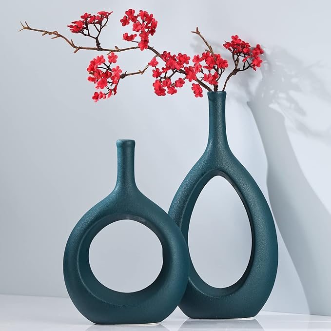 Green Ceramic Hollow Elliptical Vase Set of 2 - Boho Circle Vase with Hole, for Modern Green Table Decor, Living Room Decor Shelf mid Century Modern Home Entrance Decorative vase