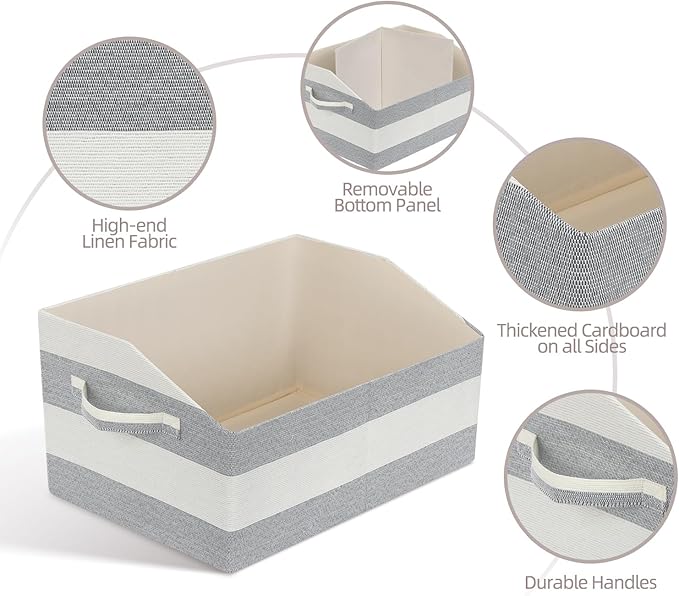 Linen Closet Organizers and Storage, Trapezoid Fabric Bins, Home Office Organization Baskets Striped Collapsible Box with Handles for Clothes, Blanket, Books, DVD, 4 Pack, Gray/White