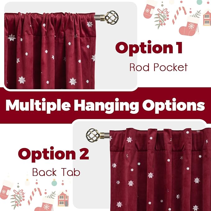 BGment Burgundy Red Velvet Curtains 96 Inches, Christmas Curtains Super Soft Thermal Insulated Blackout Back Tab and Rod Pocket Snow Silver Printed Drapes for Living Room, 2 Panels, Each 52 x 96 Inch