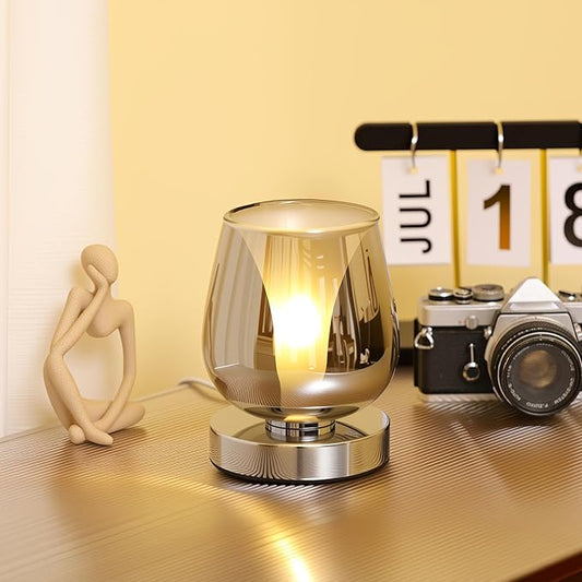 Small Touch Bedside Table Lamp, Modern Small Lamps for Bedroom Living Room Nightstand, Desk lamp with Smoky Grey Glass Lampshade, 4 x 4 x 5 inch Accent Night Light for Dining Room and Office