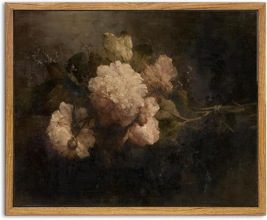KBKBART Framed Canvas Wall Art Vintage Decor, Dark Vintage Still Life Flower Canvas Oil Painting, Classical Moody Peony Bouquet Prints for Wall Decor, Antique Floral Art Painting Victorian Decor Artwork for Bedroom Living Room Bathroom Gallery(8"x10")