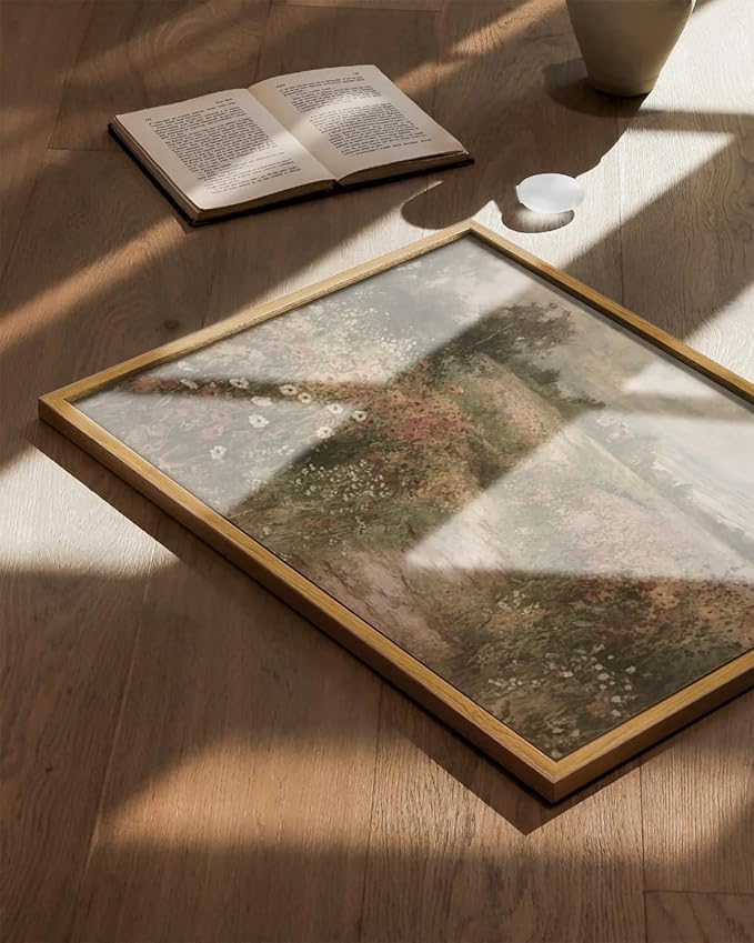 KBKBART Framed Canvas Wall Art for Living Room, Vintage Countryside Wildflower Field Painting Farmhouse Decor, Retro Nature Wilderness Canvas Art Prints, Rustic Landscape Wall Decor for Bathroom, Bedroom Living Room, Vintage Art Wall Decor(12"x16")