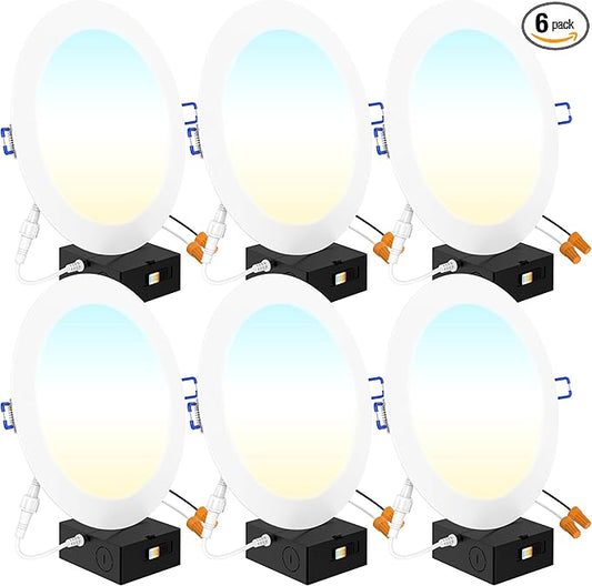Sunco 6 Pack 8 Inch Ultra Thin LED Recessed Canless Smooth Trim Wafer Thin Indoor Ceiling Lights Slim Selectable 2700K/3000K/4000K/5000K/6000K Dimmable 18W 1350 Lumens with Junction Box