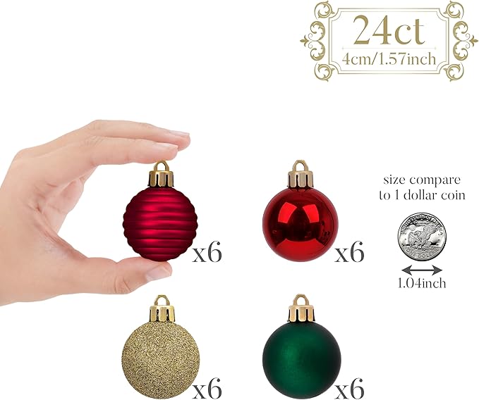 Valery Madelyn 1.57 Inches Small Christmas Tree Decorations Ornament Set for 4th of July Fall Halloween, 24ct Red Green Gold Shatterproof Hanging Ball Ornaments Holiday Party Decor