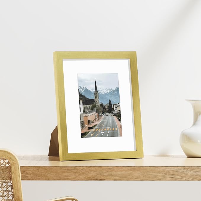 Vittanly 8x10 Picture Frames Set of 9, Shatter Resistant Plexiglass, Display 5x7 Pictures with Mat or 8x10 without Mat, Photo Frames for Wall or Tabletop, Engineered Wood, Gold