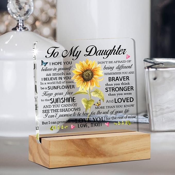 Sunflower Acrylic Desk Plaque Sign with Wood Stand - I Love You Gift for Daughter's Birthday or Christmas