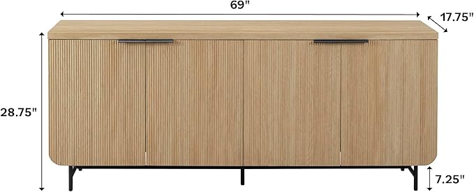 Walker Edison Reema Fluted 4-Door Kitchen Sideboard Buffet Console, 69 Inch, Coastal Oak