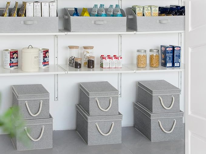 StorageWorks Storage Bins with Lids, Decorative Storage Boxes with Lid and Soft Rope Handles, Foldable Storage Baskets for Closet, Shelves, Stackable, 3-Pack, Gray, Large