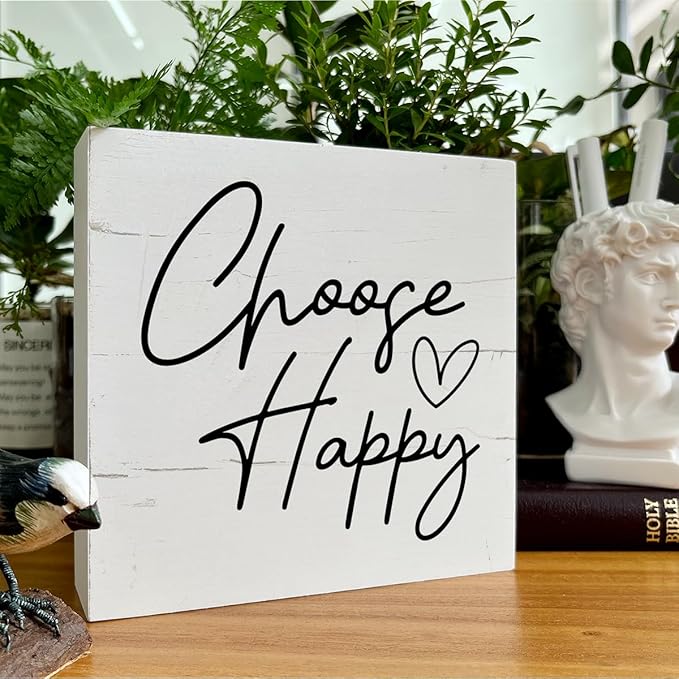 Choose Happy Sign, Inspirational Wood Sign, 5.7x5.7in, White, Rustic, Tabletop Decor, Indoor/Office/Home Gift