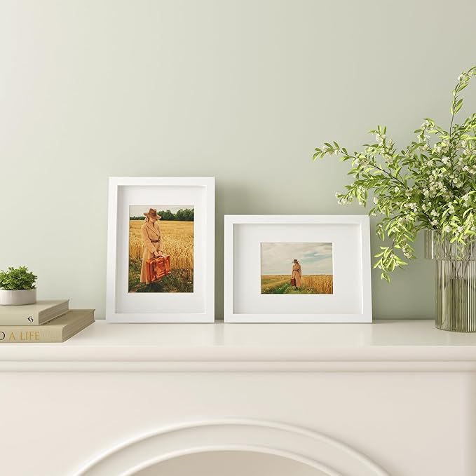 Egofine A4 Picture Frames Set of 4, Made of Solid Wood Covered by Plexiglass 4x6 and 6x8 with Mat or A4 whitout Mat, for Table Top Display and Wall Mounting Photo Frame White